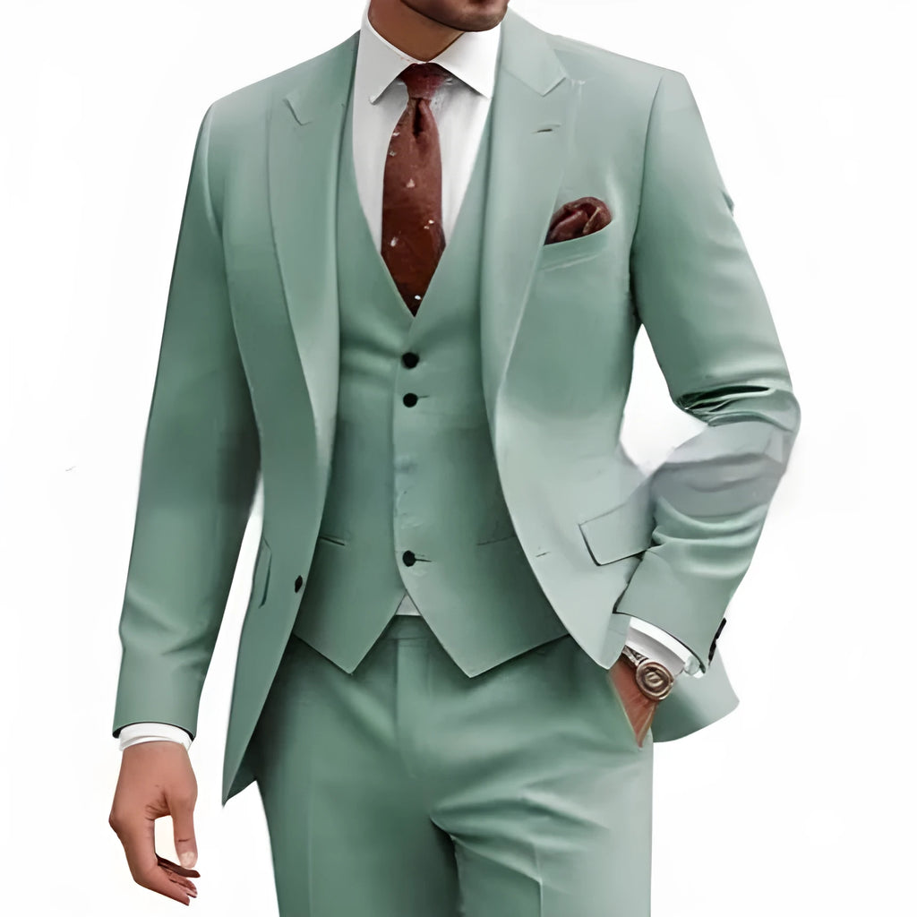 Men's slim fit three-piece suit in chemical fibre blend fabric available in multiple colours with Asian sizing