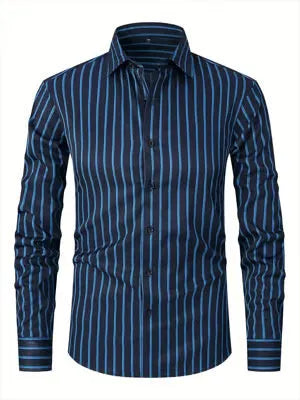 Men's slim fit striped long sleeve business shirt in polyester blend fabric on a hanger