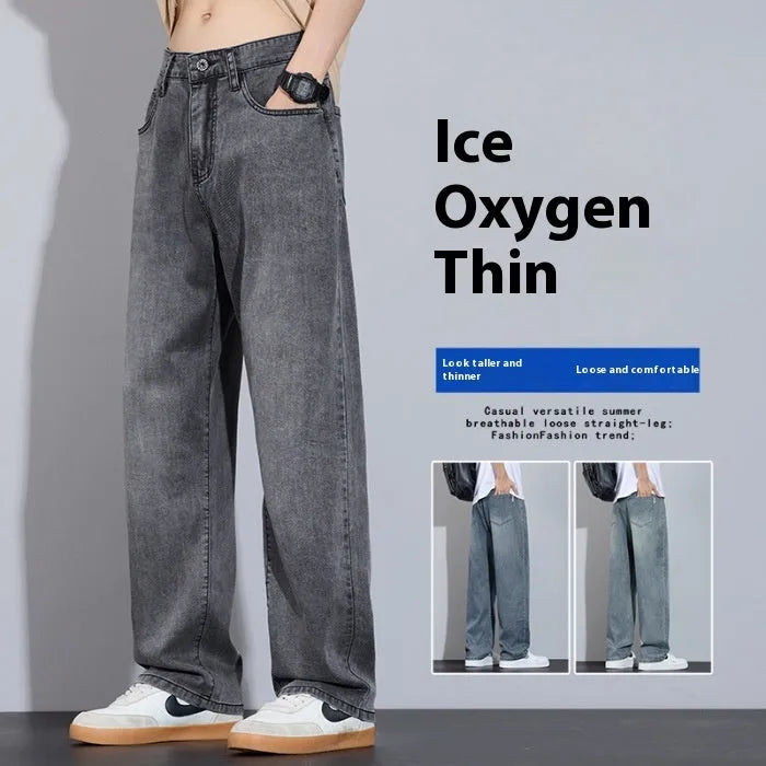 Man wearing straight-leg light blue denim casual trousers for leisure