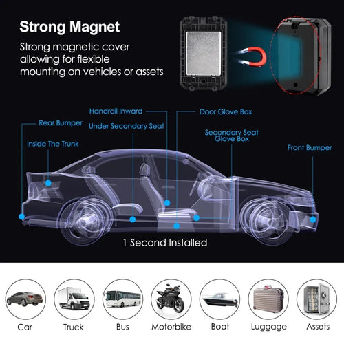 Black GPS car locator device with a 6000mAh battery and ceramic antenna.