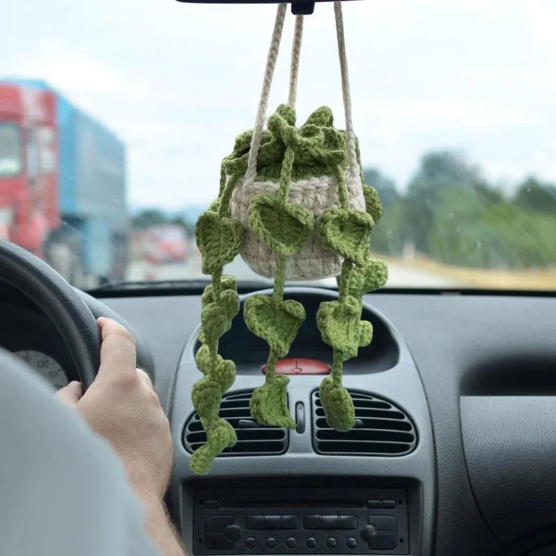 Green and white knitted wool car plant decoration with 25cm hanging rope