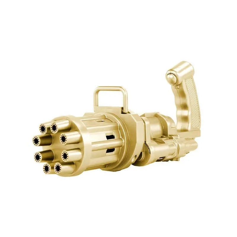 Kids plastic bubble machine gun toy in pink, gold, or black with battery compartment and removable bubble head.