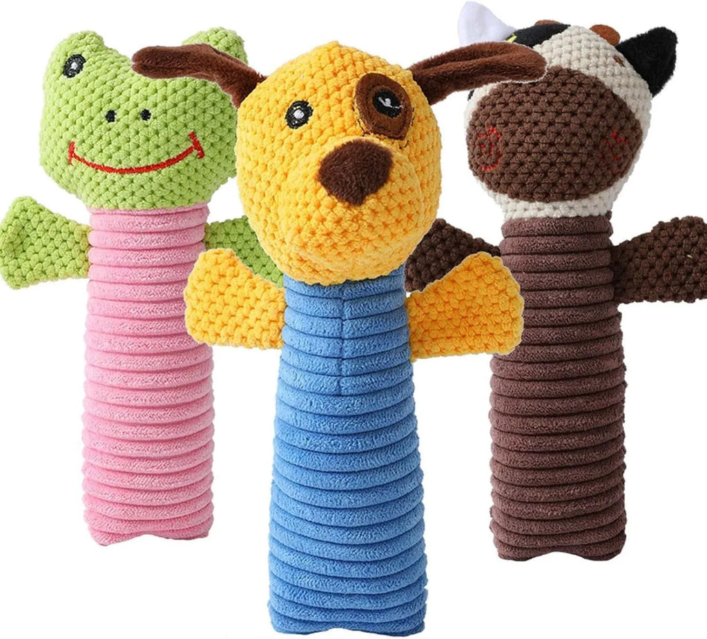 Soft plush dog chew toy in calf, frog, or puppy design with squeaker for dental care