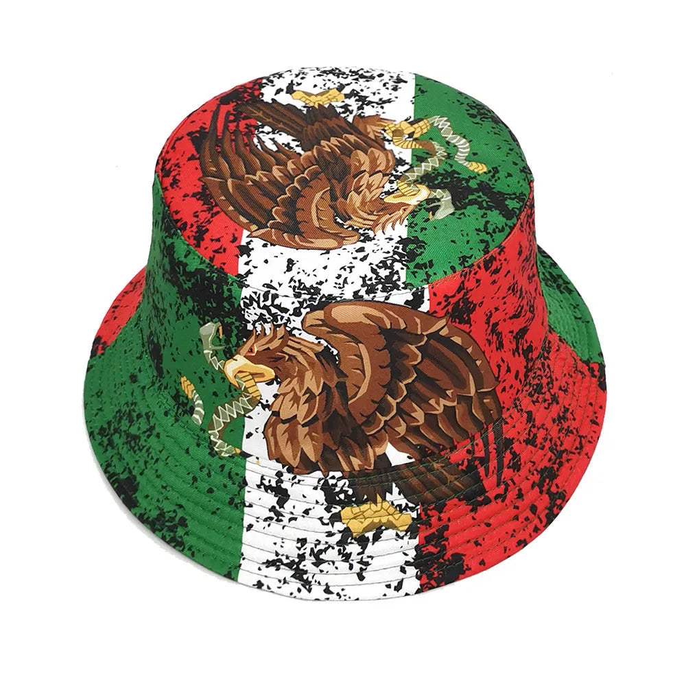 Eagle pattern bucket hat in polyester fabric with dome crown and retro styling