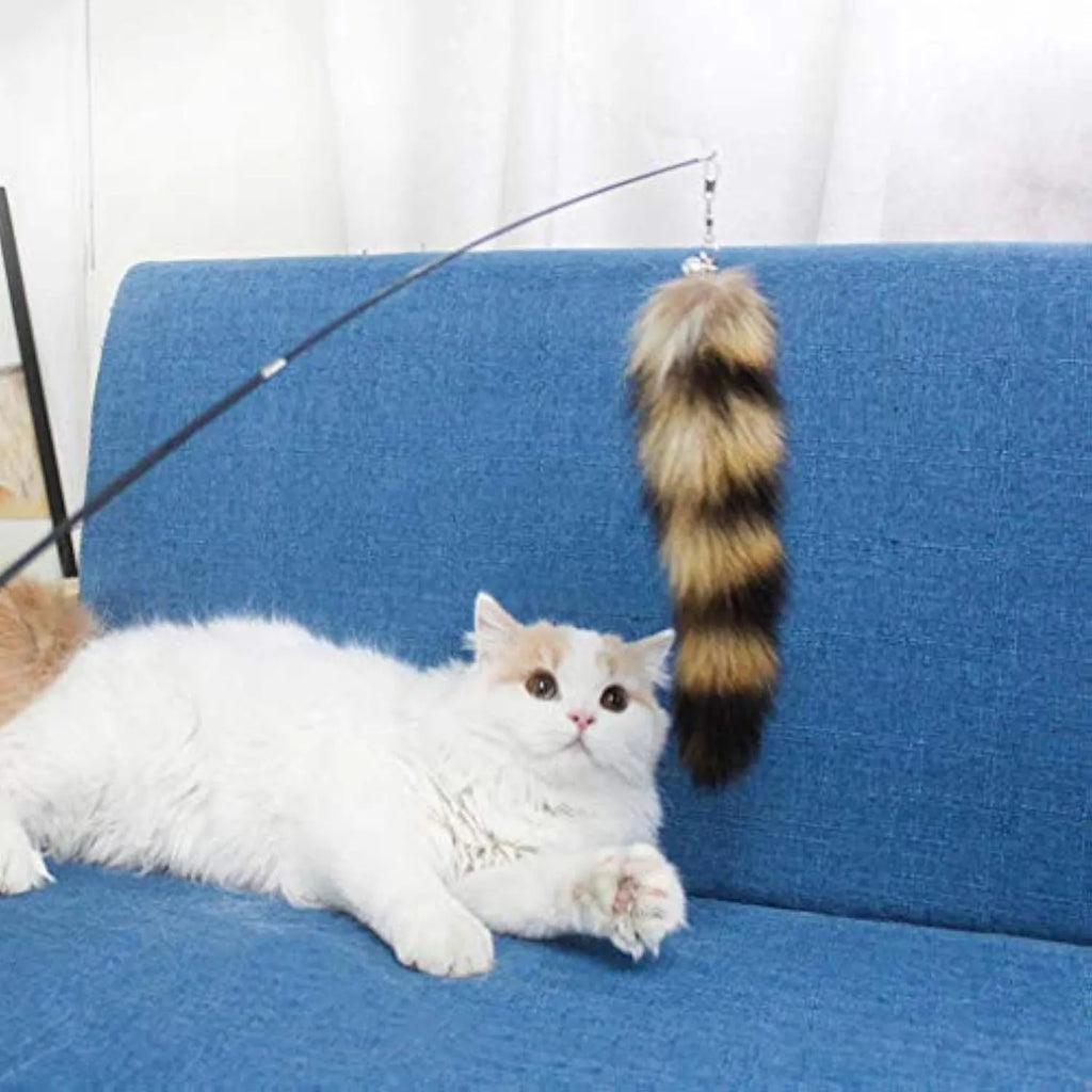 Black cat toy wand with elastic string for interactive play, 42 cm long.