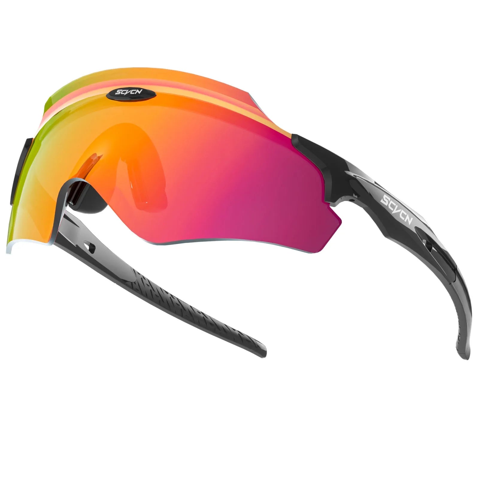 Frameless windproof athletic glasses with a colourful integrated lens in a sporty style.