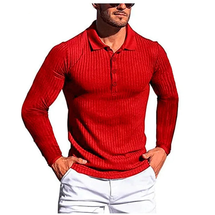 Man wearing a striped loose-fit short sleeve polo shirt in army green colour