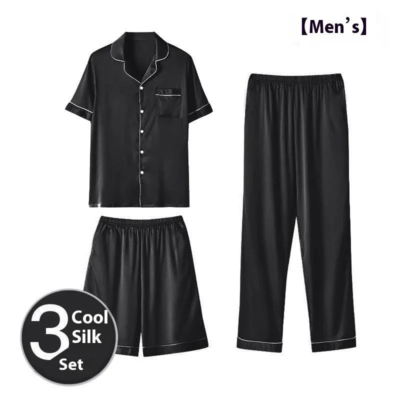 Men's black ice silk three-piece home wear suit featuring a sleeveless top, shorts, and trousers laid flat