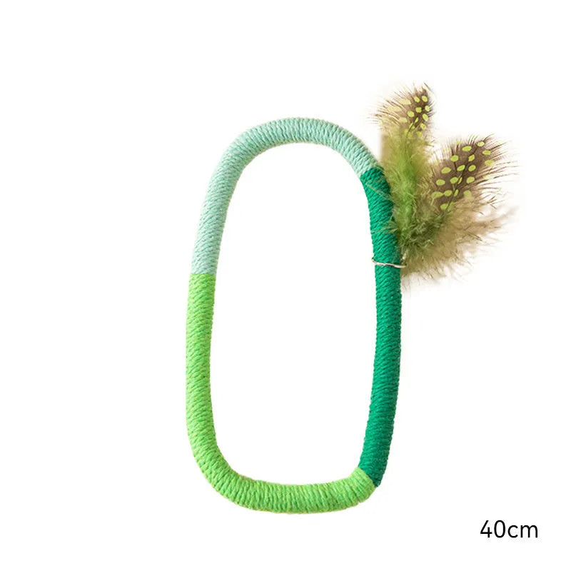 Circular green cotton rope cat toy with feathers and catnip for indoor cats