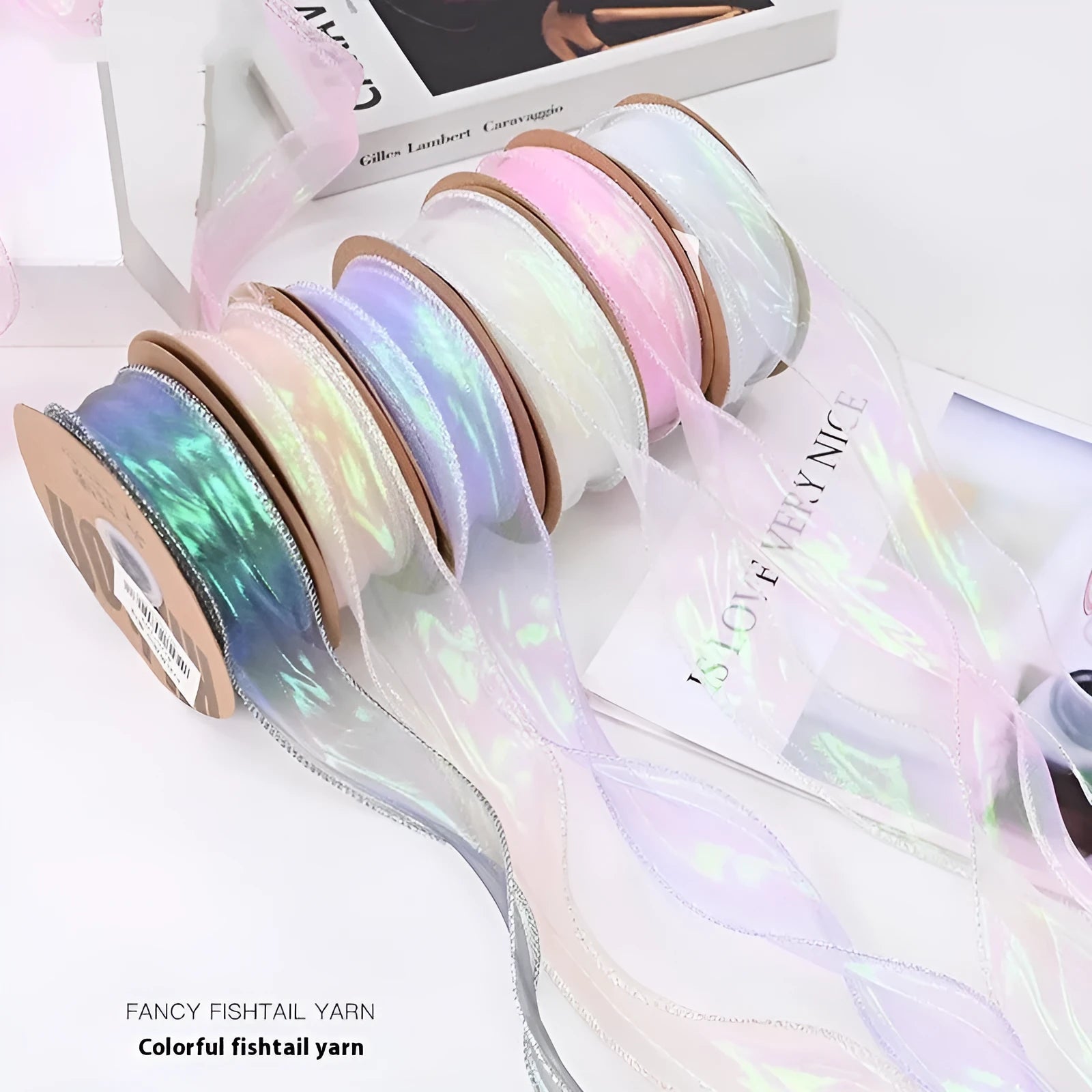 Colourful fishtail mesh ribbon roll with wave pattern, 4cm wide decorative trim