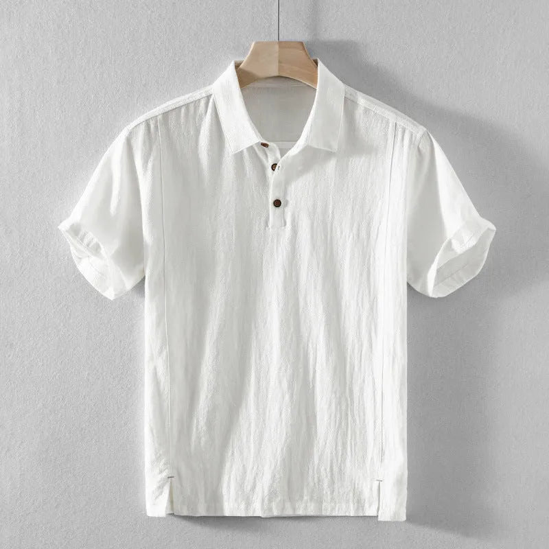 Men's solid colour loose fit casual shirt in cotton and linen blend, shown in light grey.