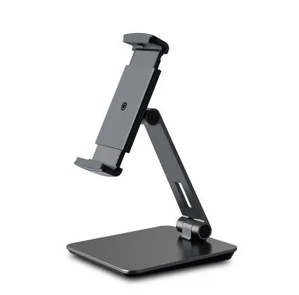 Silver folding aluminium desktop phone and tablet stand with 360° rotating base