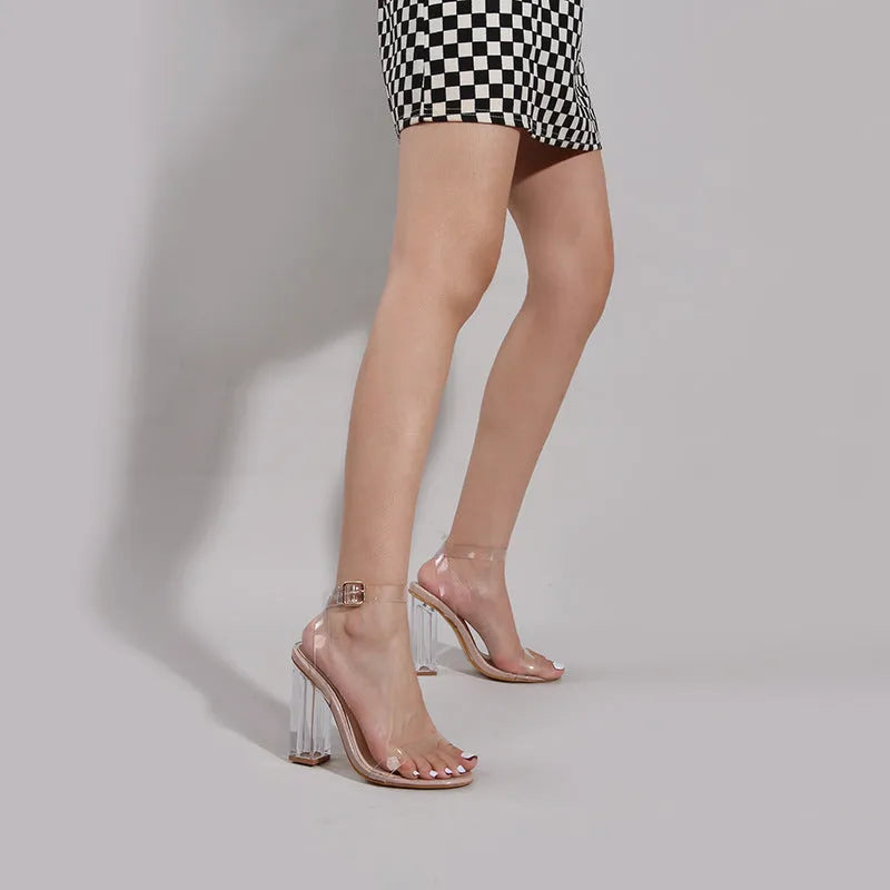 Apricot women's sandals with glass heel and round toe, showing buckle fastening