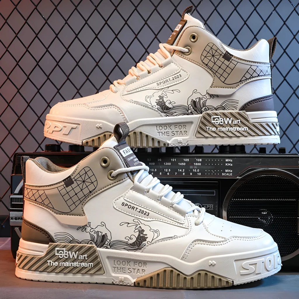 Men's high-top board shoes in beige with white and blue accents, lace-up design with rubber sole