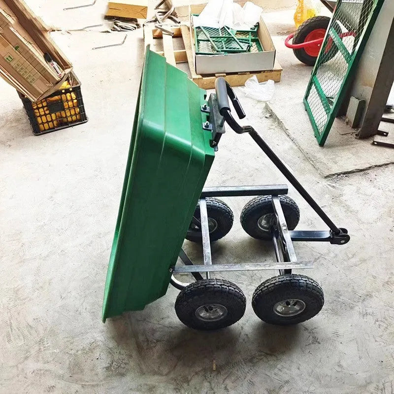 Green four-wheel plastic dump truck with steel PP construction and 350kg load capacity