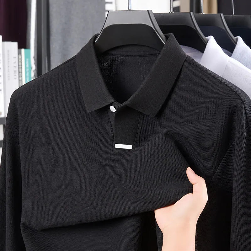 Men's grey asymmetric lapel cotton polo shirt in a loose fit.