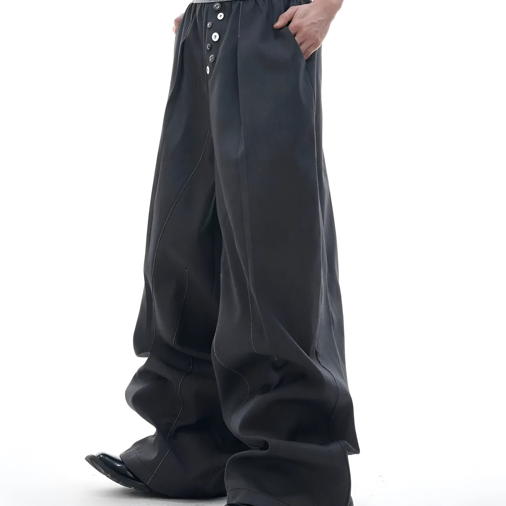 High-waist straight-leg casual trousers with button fly in black or grey