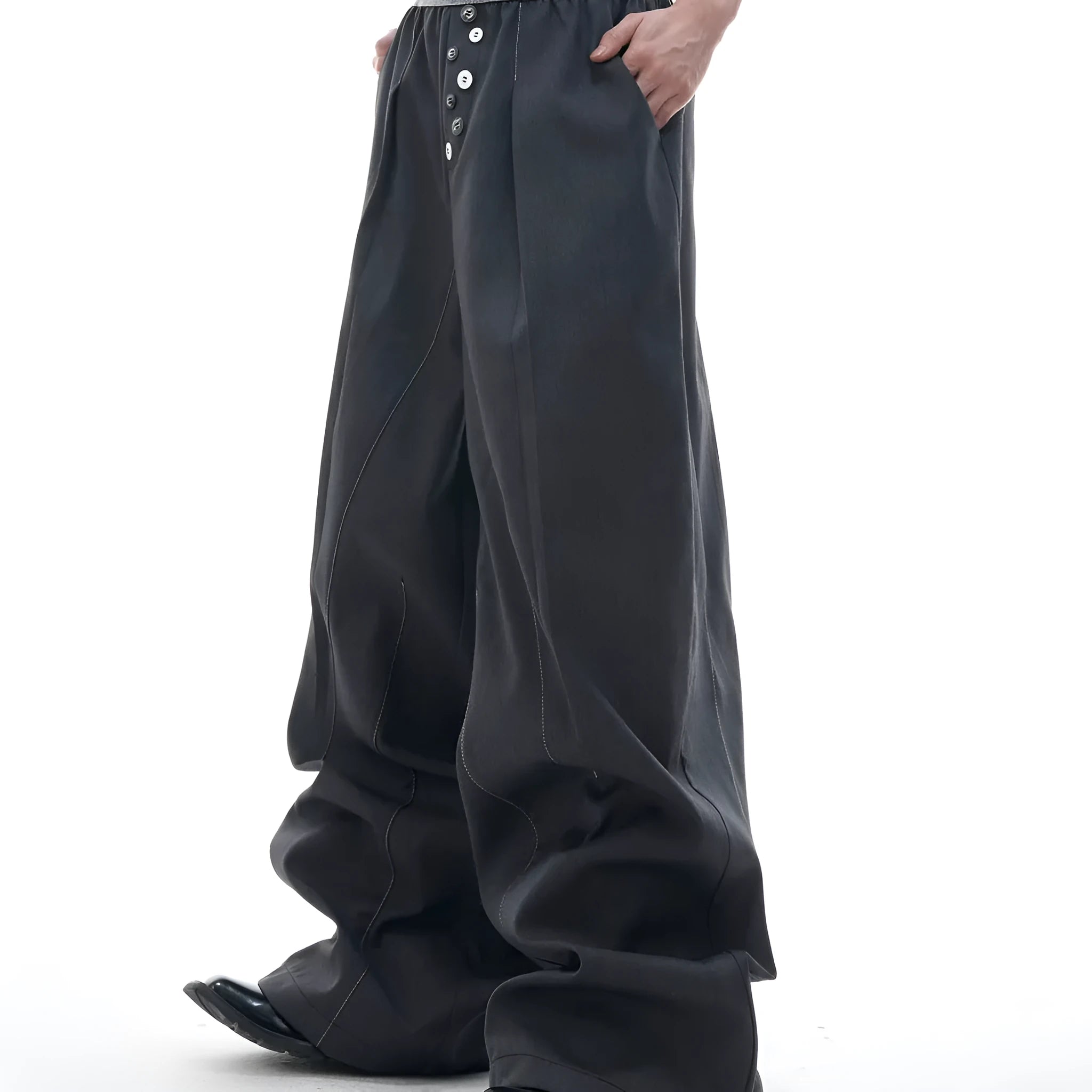 High-waist straight-leg casual trousers with button fly in black or grey