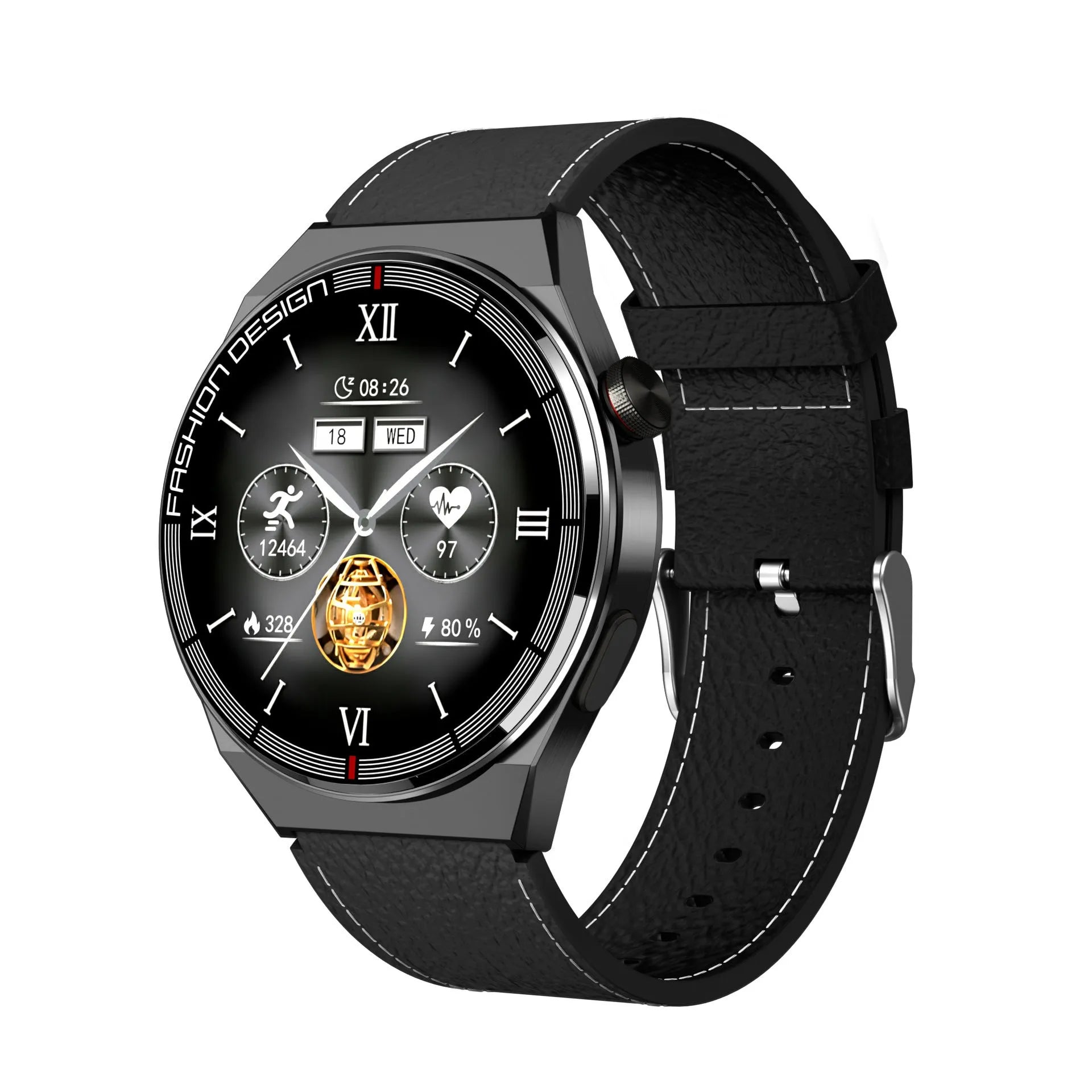 Black smartwatch with circular 46mm dial on a silicone strap, showing a heart rate monitoring display on its screen.