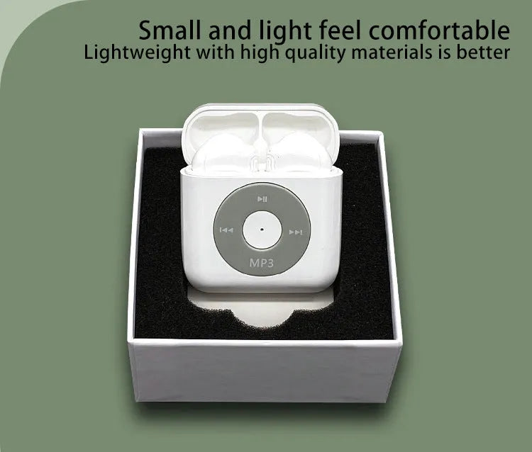 White wireless Bluetooth earphones with semi in-ear design placed beside charging compartment