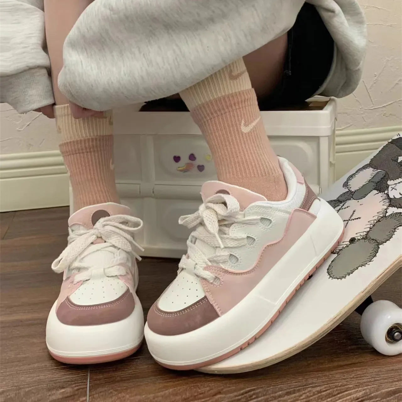 Green women's flat casual sneakers with a round toe and breathable PU mesh upper.