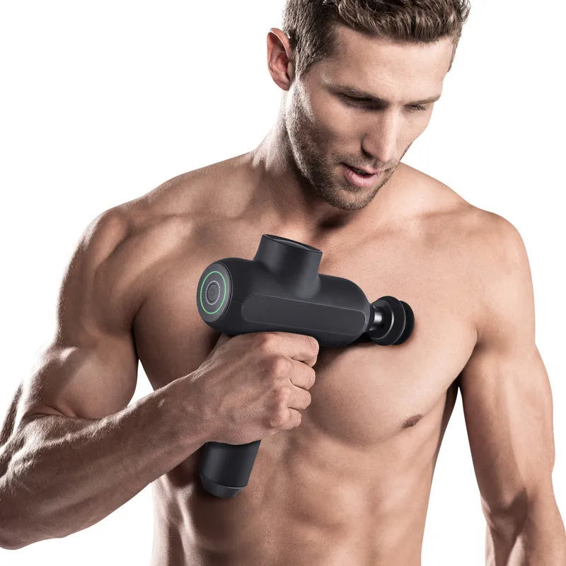 Rechargeable electric muscle massager with six different massage heads in black, white, or red colours
