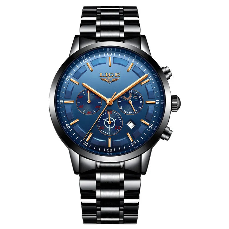 Men's black and rose red gold waterproof sports watch with quartz movement on wrist.