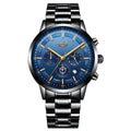 Men's black and rose red gold waterproof sports watch with quartz movement on wrist.
