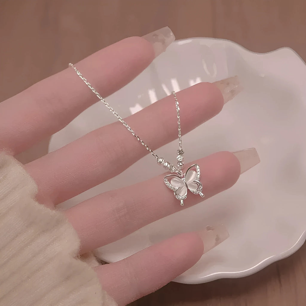 Silver butterfly necklace with cross chain and adjustable 41-50cm length