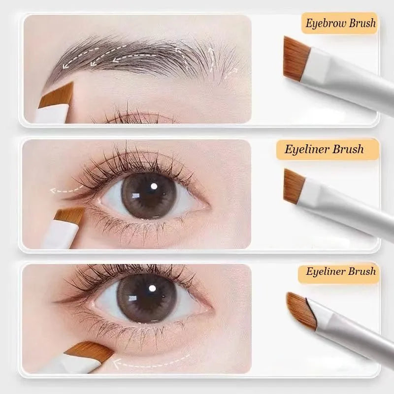 Four angled eyeliner and brow brushes with fine tips in leather case for precise makeup application