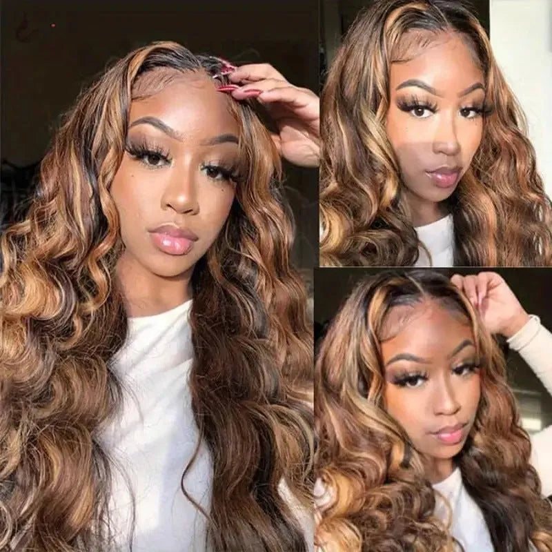 Women's big wave long curly highlight wig in medium curly piano colour on a mannequin head