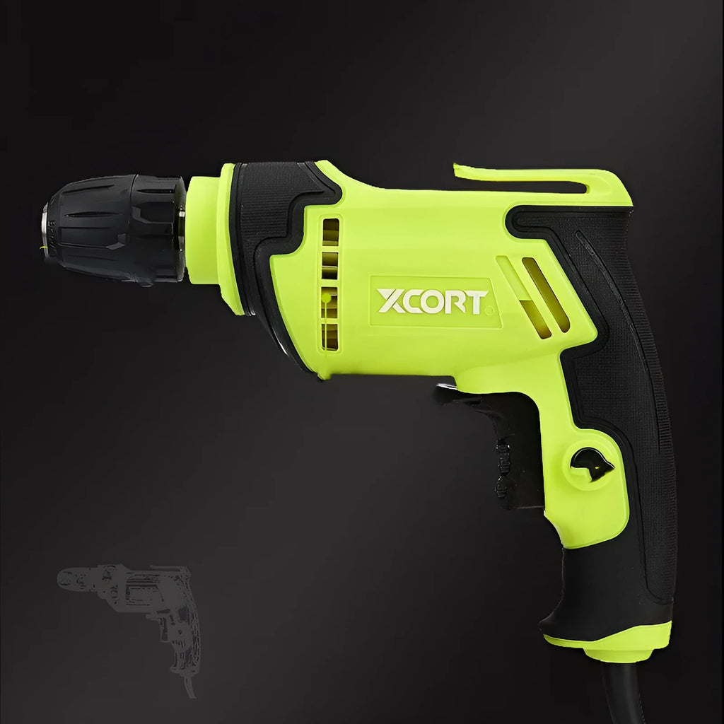 Pistol grip electric power drill on a workbench with a 10mm drill bit.