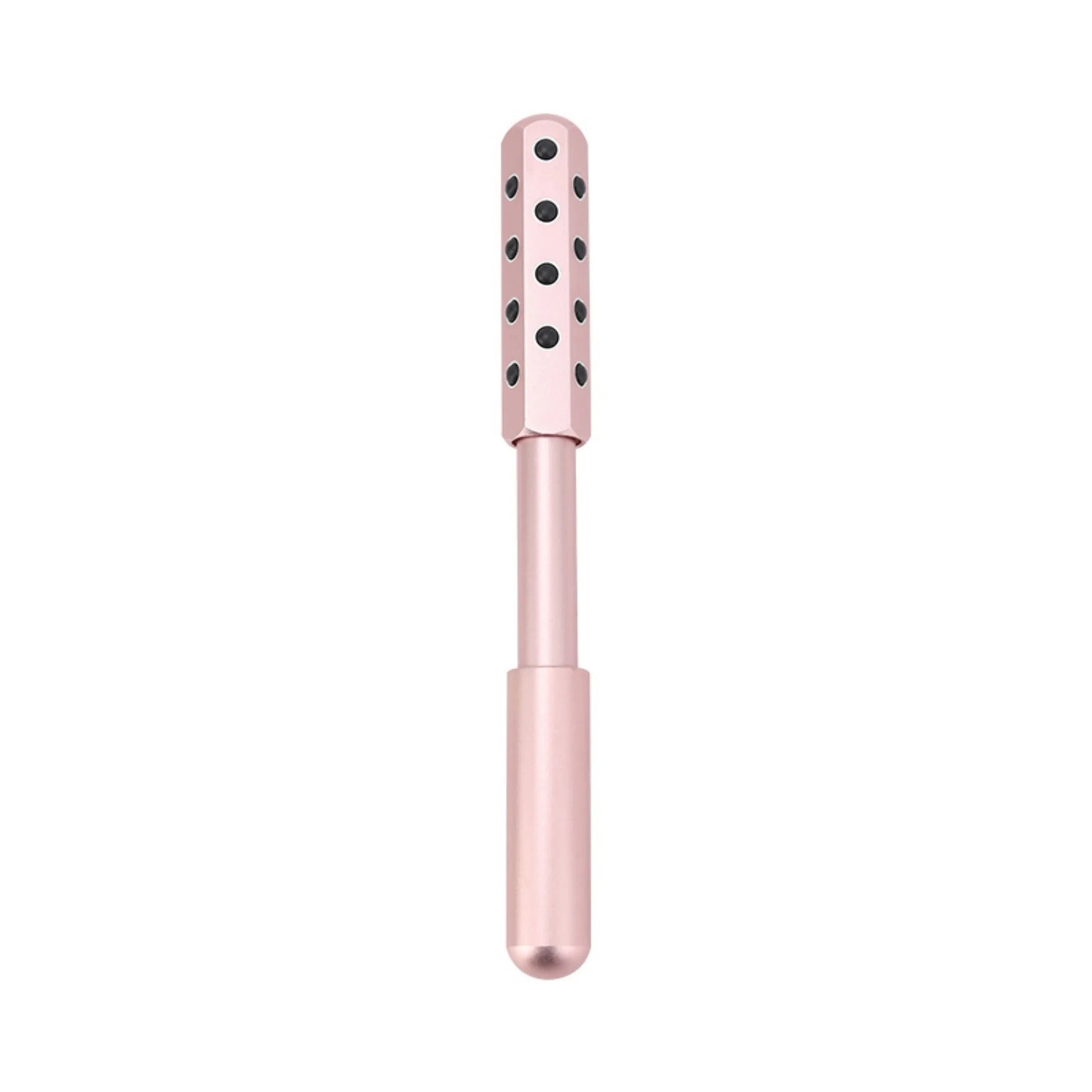 Purple stainless steel facial massage roller with germanium particle ball head on a white background.