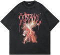 Men's black cartoon-print cotton t-shirt with retro padded construction and loose street fit