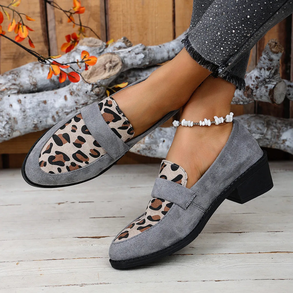 Leopard print slip-on suede shoes with chunky rubber sole and pointed toe design