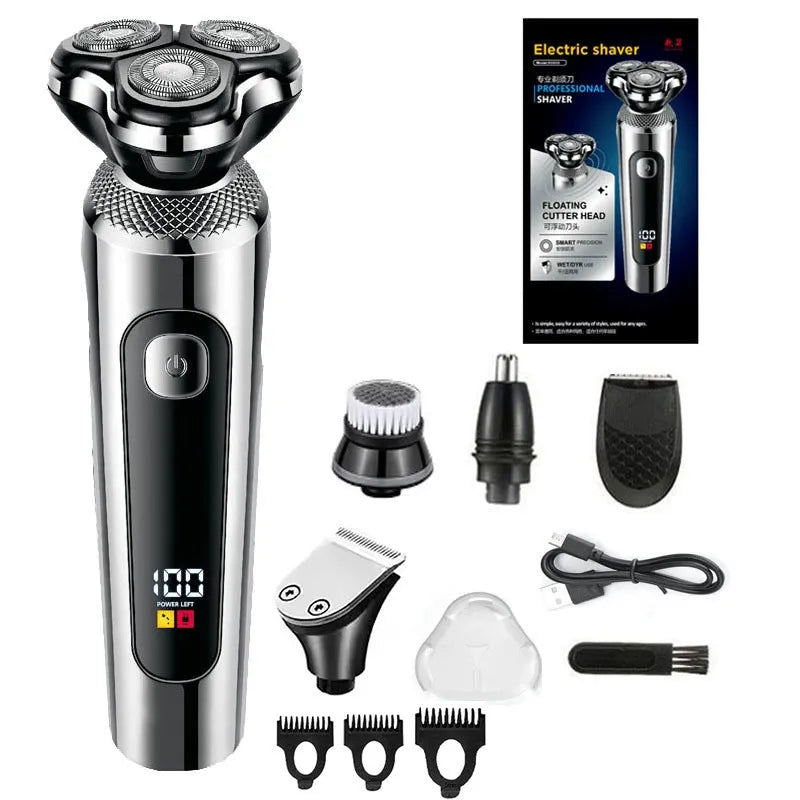 Digital USB rechargeable beard trimmer with LED display on its five-in-one base bracket
