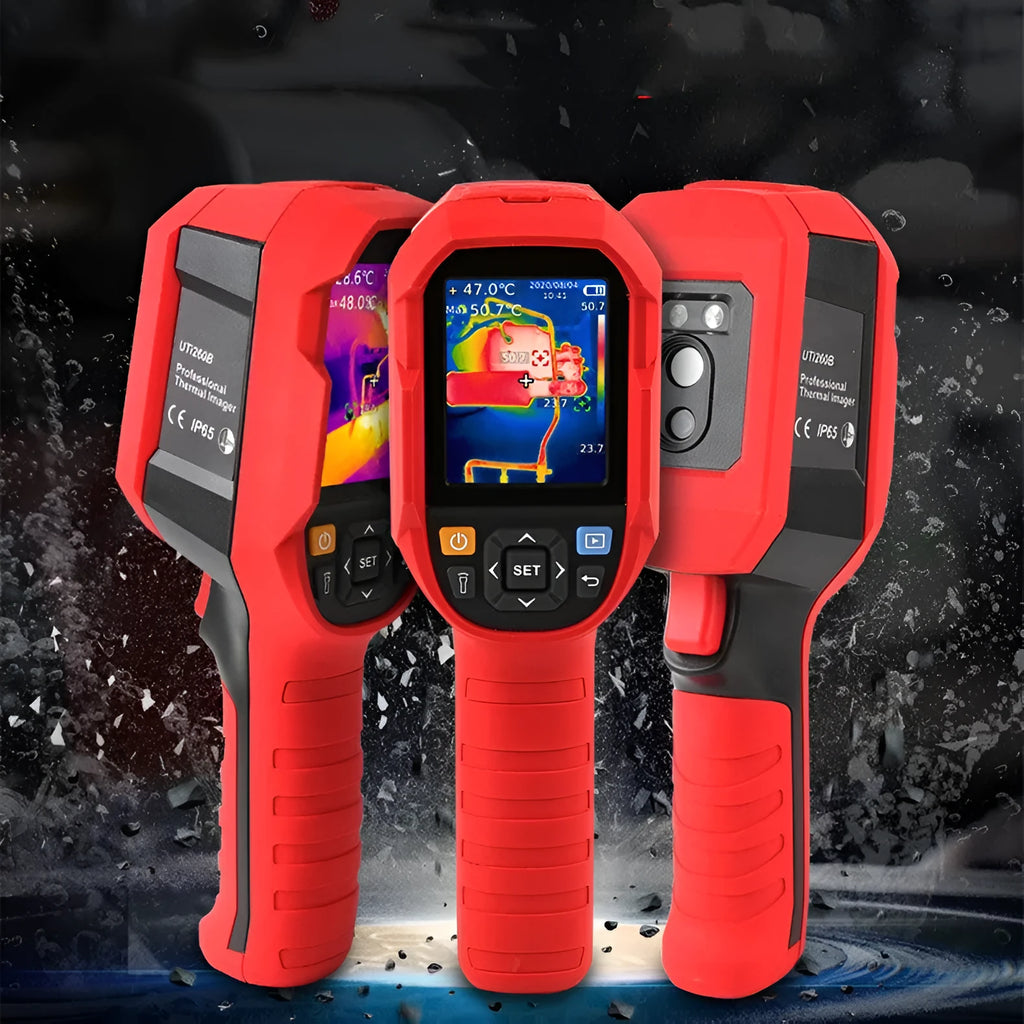 UTi series handheld infrared thermal imaging camera with colour screen displaying a thermal gradient image.