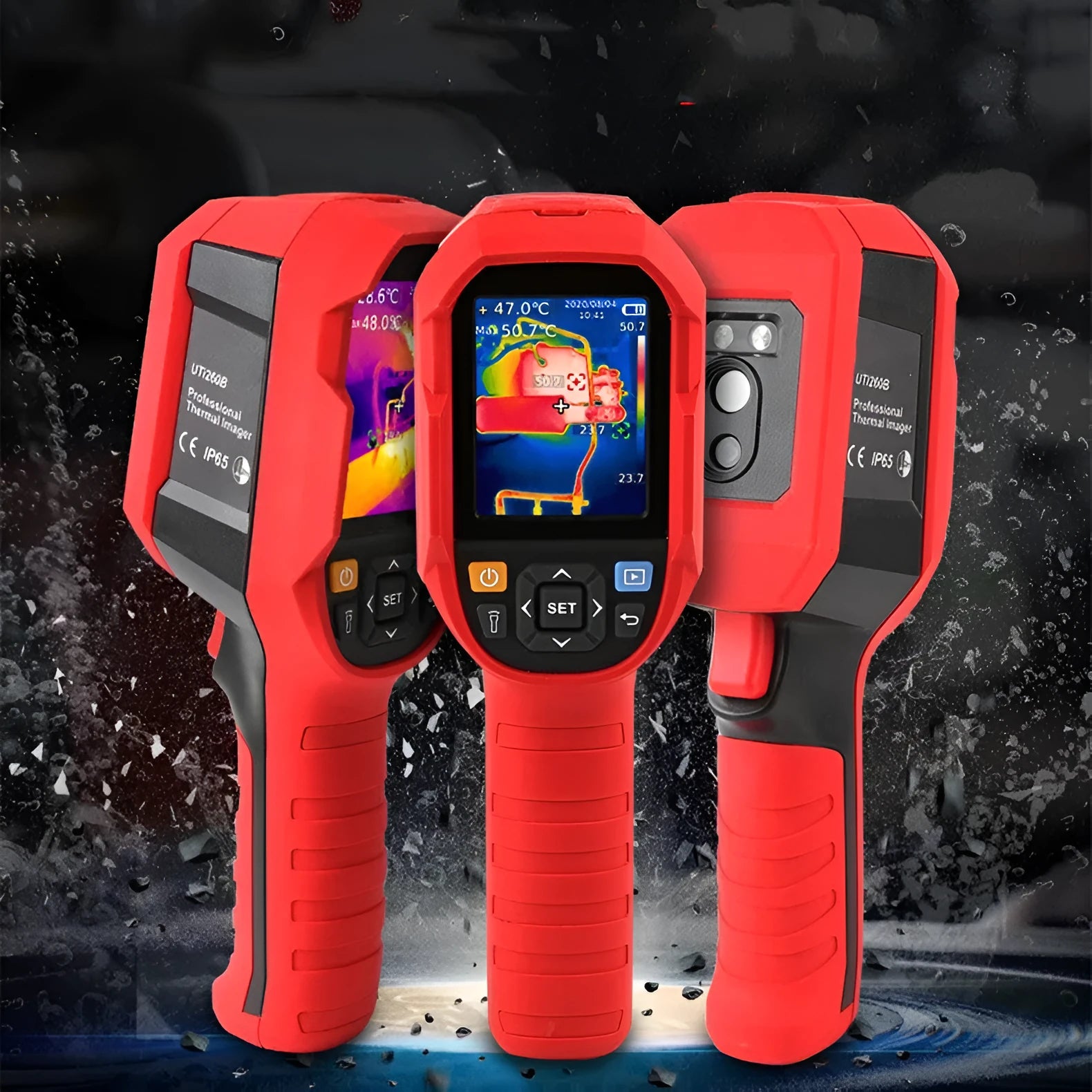 UTi series handheld infrared thermal imaging camera with colour screen displaying a thermal gradient image.