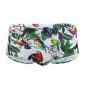 Men's floral and bird print nylon swimming trunks in boxer brief style with cup cover.