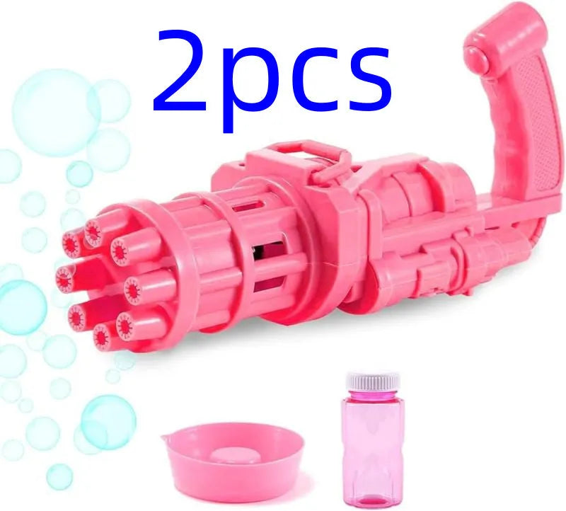 Kids plastic bubble machine gun toy in pink, gold, or black with battery compartment and removable bubble head.