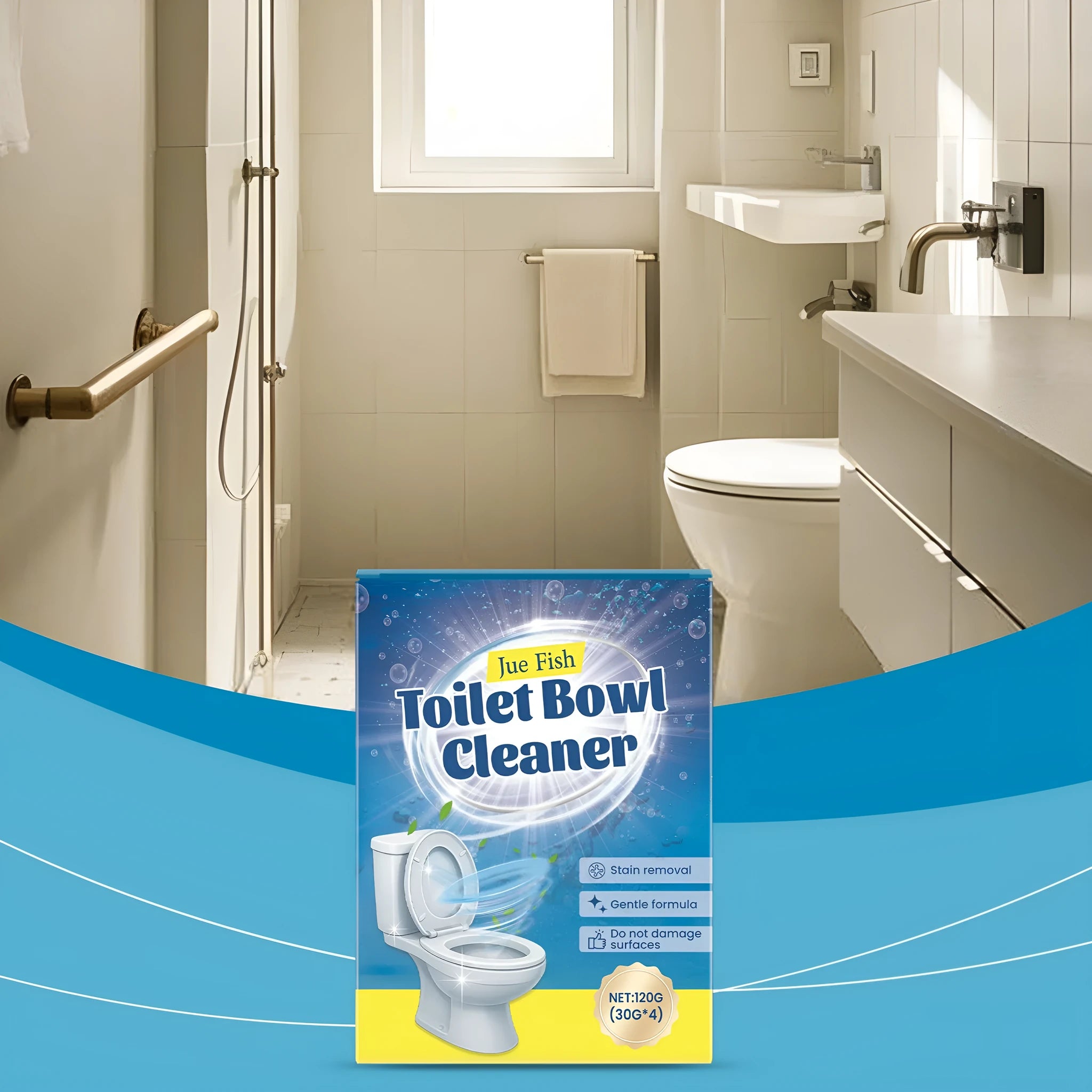 Toilet cleaning powder sachets for descaling and stain removal, 120g pack containing four 30g portions.