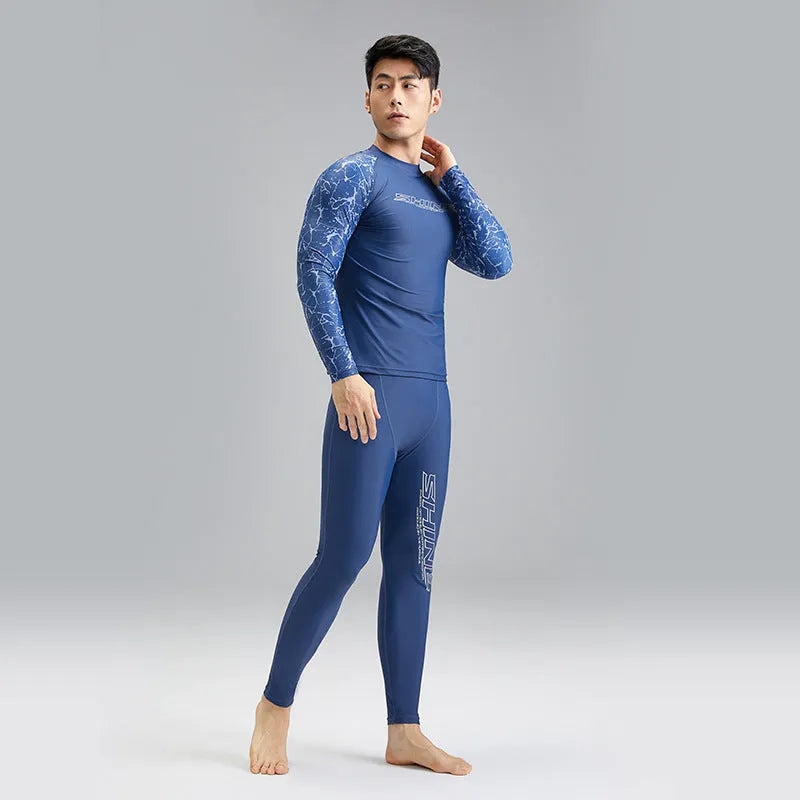 Dark blue nylon men's swimwear set with matching top and trousers for swimming and wading