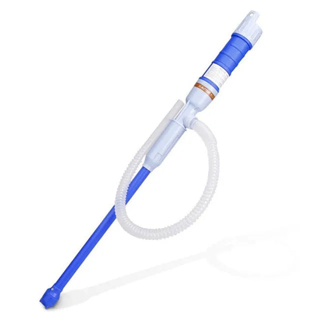 Blue manual hand siphon pump for transferring gasoline and oil, made from PP plastic.