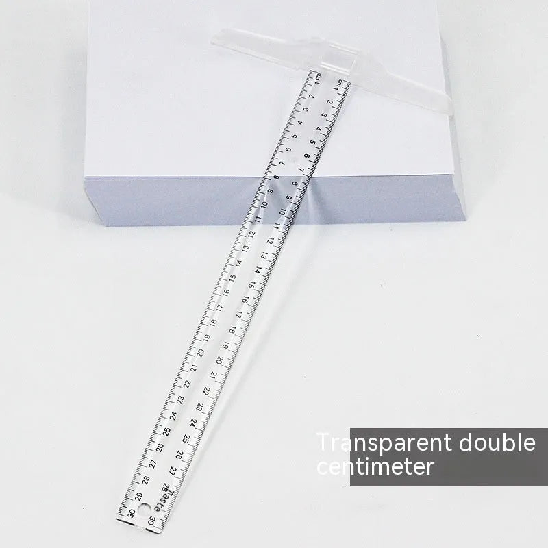 30cm plastic T-square ruler with dual measurement scales in transparent or orange colour