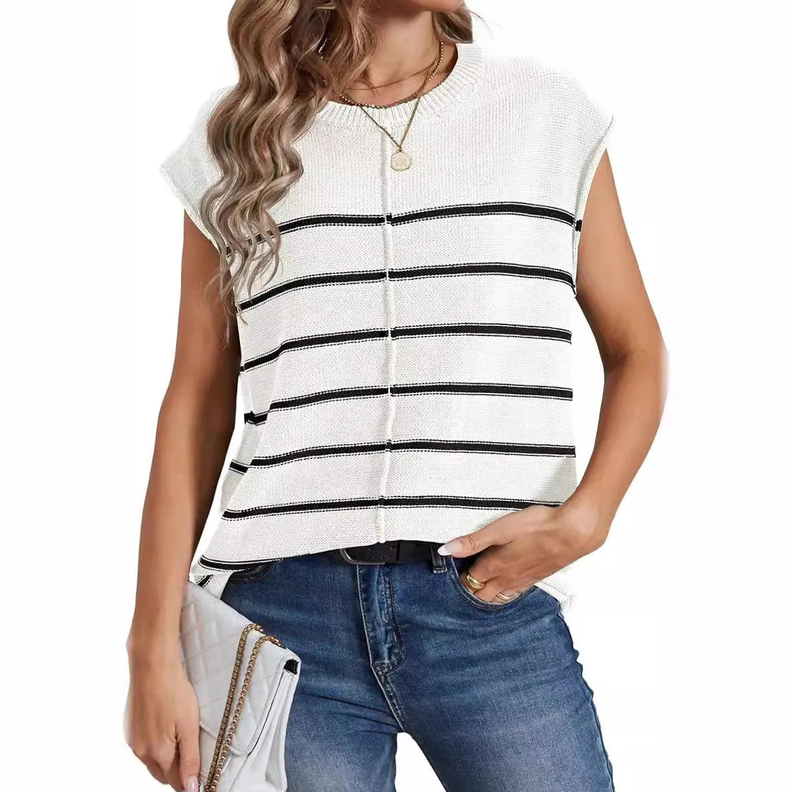 Women's striped sleeveless pullover vest top in apricot colour with visible seam bone stitching