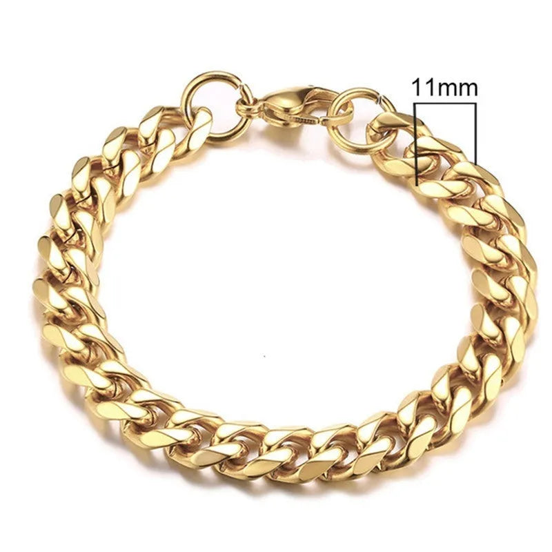 Six-sided Cuban link chain metal bracelet shown in gold, black and steel colour finishes with different width options.