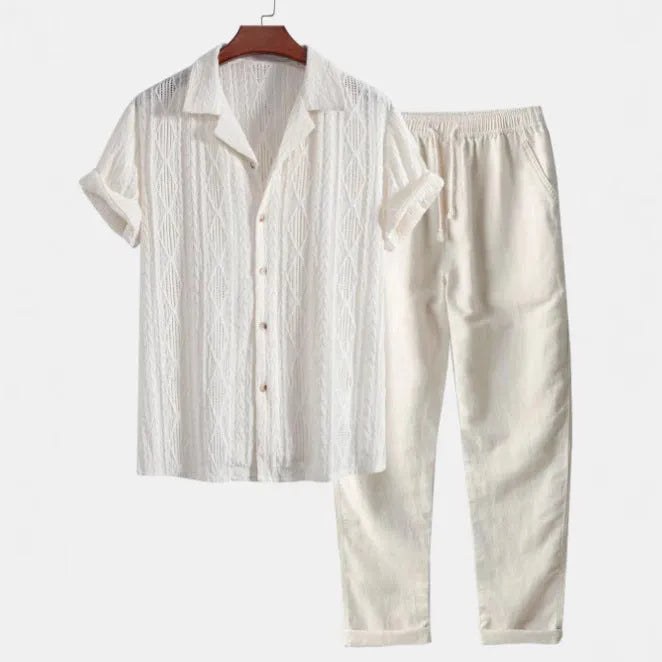 Slim-fit linen cardigan suit set with digital camouflage pattern including short-sleeve shirt and trousers