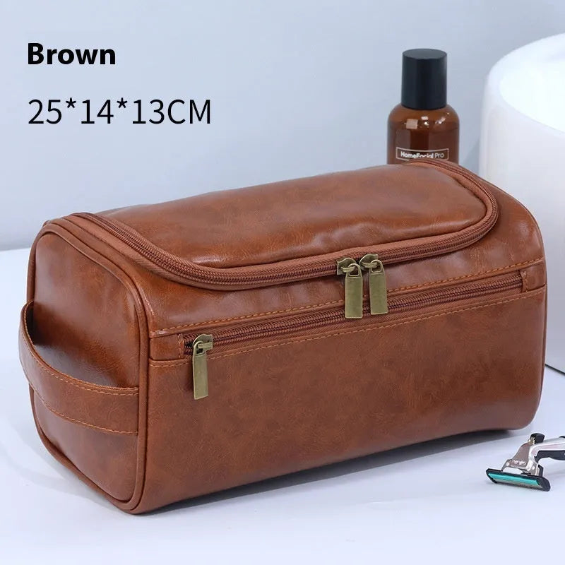 Large capacity waterproof cosmetic bag in retro style with skincare and makeup items inside