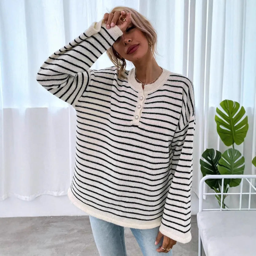 Women's black striped loose casual top with drop-shoulder long sleeves