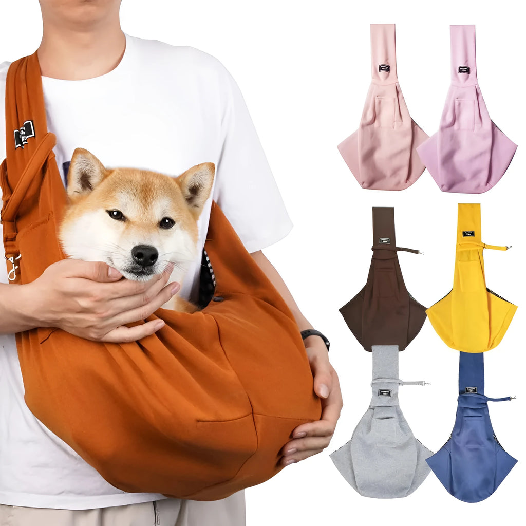 A folded and unfolded collapsible cat messenger bag with mesh panels, shown in blue.